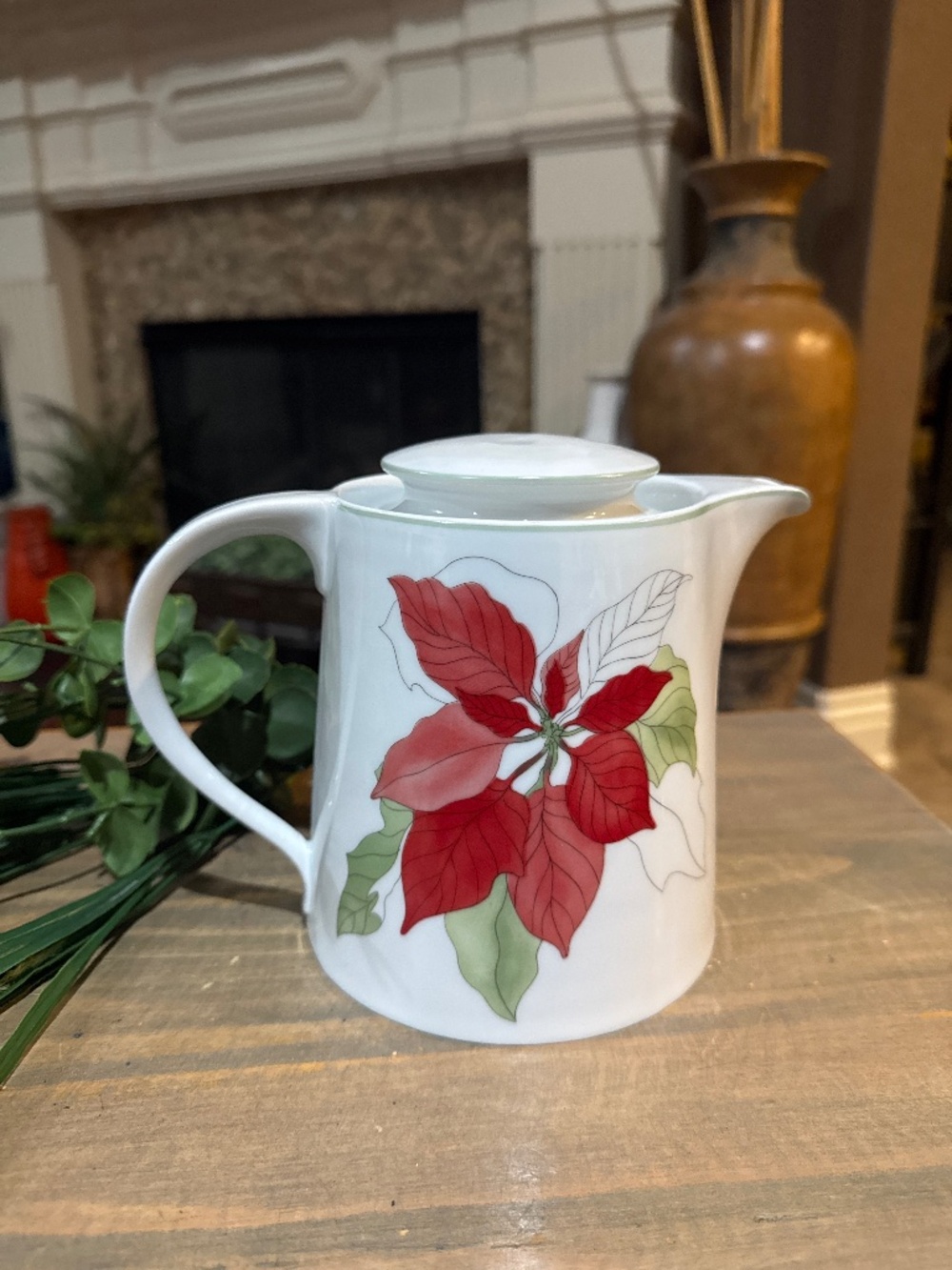Vintage Block Spal Teapot Mary Lou Goertzen Hand Painted Poinsettia Watercolor